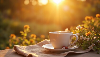 Fototapeta premium Serene Morning Coffee with Sunlight and Fresh Flowers in Garden