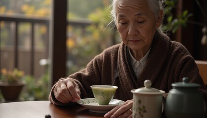Reflective Elderly Woman Sipping Tea in Cozy Japanese Setting