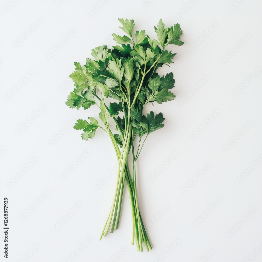 Poster fresh green parsley bunch on a light background for culinary use and garnishing