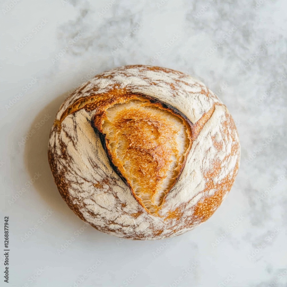 Poster freshly baked rustic sourdough bread on a light surface with a golden crust and beautiful scoring
