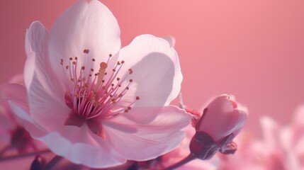 A beautiful close-up of a delicate cherry blossom flower with a soft pink and white color.