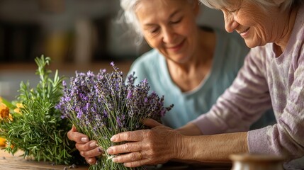Two Women Arranging Lavender and Greenery in a Cozy Setting