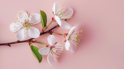 A beautiful branch of cherry blossoms against a pink background.