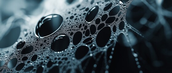 A macro shot of intricate water droplets forming patterns on a spiderweb.