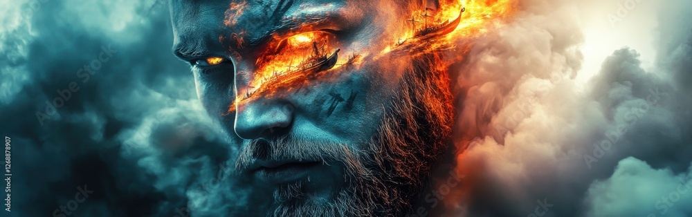 Poster Mysterious glow emanates from a man's face merges with fiery elements in a surreal landscape