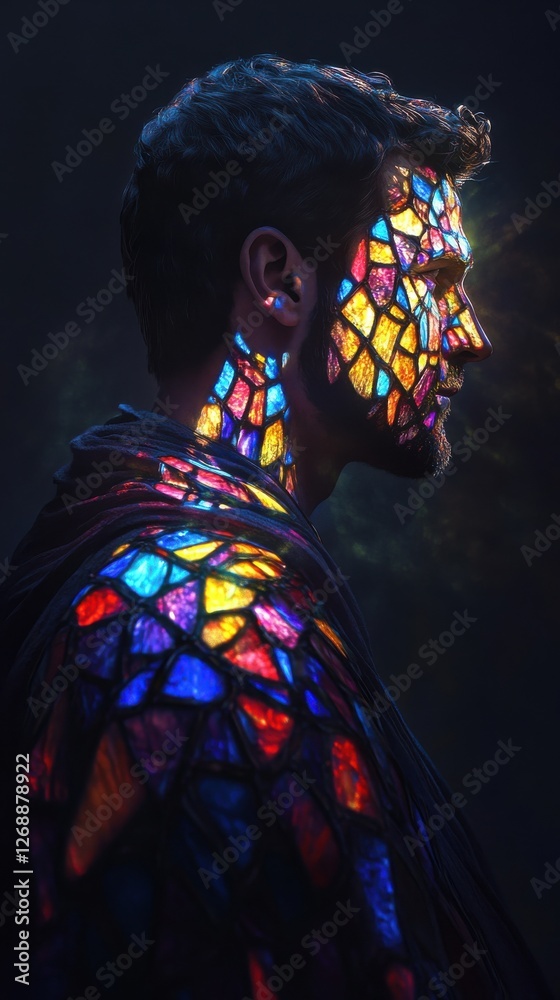 Fototapete conceptual profile of a man illuminated by colorful stained glass patterns against a dark background