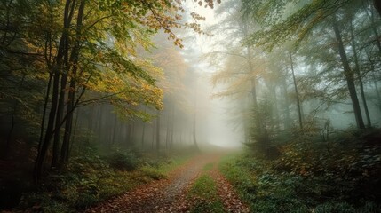 Naklejka premium Forest background image showing a misty forest scene with tall trees and leaves on the ground