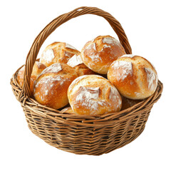 Isolated Rustic Wicker Basket Filled with Fresh Bread Rolls