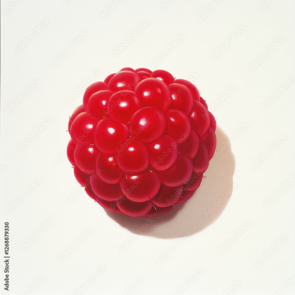 Poster Bright red raspberry with a shiny surface, showcasing its vibrant color and texture against a neutral background