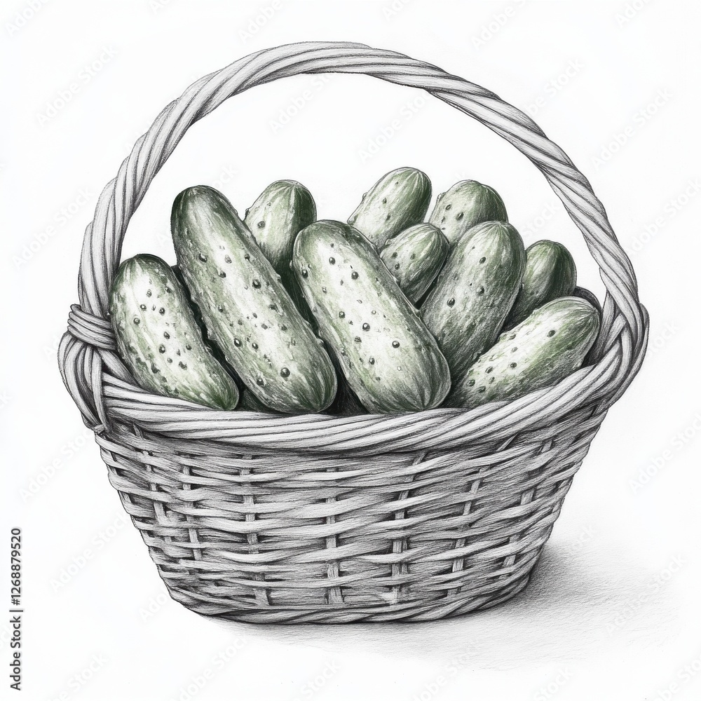 Poster Freshly sketched cucumbers arranged in a woven basket highlighting farm-to-table freshness in a natural setting