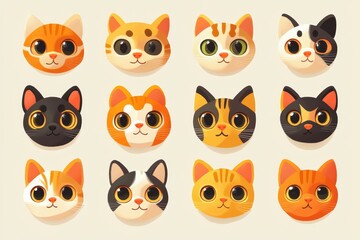 Fototapeta premium Colorful collection of cartoon cat heads, showcasing unique expressions and features, perfect for creative projects and character design.