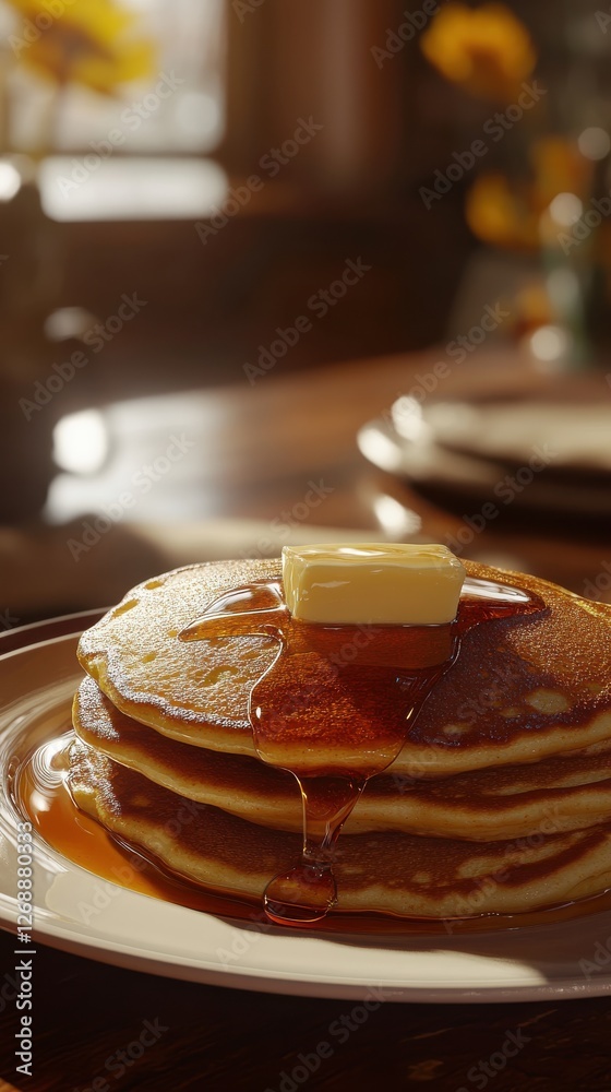 Poster Close-up view of a delicious stack of pancakes with syrup and butter on a rustic table in a cozy breakfast setting