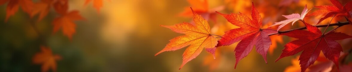 Vibrant red, orange, yellow maple leaves cluster on a branch , yellow, vibrant