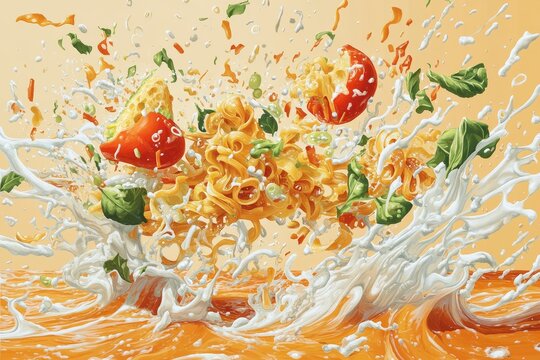 Dynamic food fight featuring airborne pasta and vibrant sauce splatters, chaos and laughter in a lively culinary showdown.