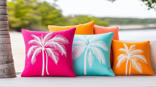 Vibrant pillows with tropical palm tree designs, styled on a beach-inspired deck