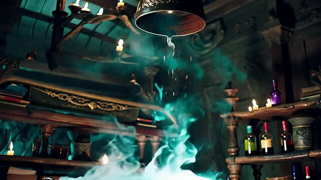 a cinematic fantasy scene featuring a bubbling, mysterious green potion swirling inside an ancient, weathered cauldron