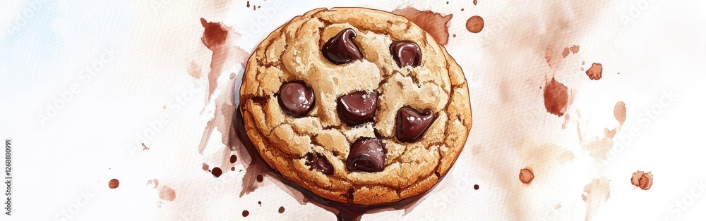 Poster close-up view of a chocolate chip cookie with watercolor background highlighting its texture and swe