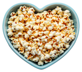 Heart Shaped Blue Bowl Full of Fresh Popcorn on Transparent Background Studio Shot