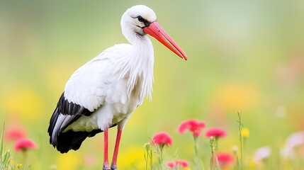 Fototapeta premium White stork standing in a vibrant green meadow filled with colorful wildflowers during a bright spring day.