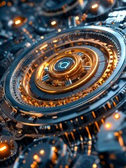 Fototapeta premium Advanced Technology Gear System Industrial Setting - Futuristic mechanism, intricate gears, technological innovation, precise engineering, advanced robotics. Symbolizing progress, complexity