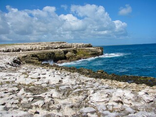 A rugged limestone coastline meets the deep blue ocean under a bright sky. Waves crash against the eroded cliffs, creating a dramatic and scenic seascape perfect for nature and adventure lovers.