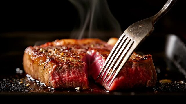 Juicy Grilled Steak with Sizzling Juices and Smoke on Black Plate