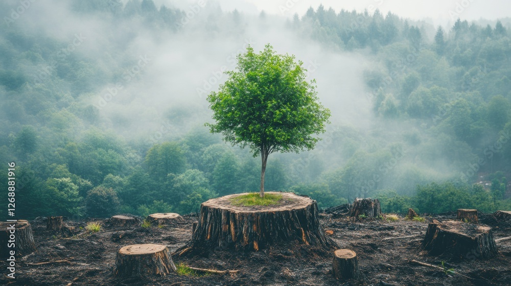 Aufkleber resilient tree stands alone on a tree stump amid misty forest landscape at dawn. generative ai