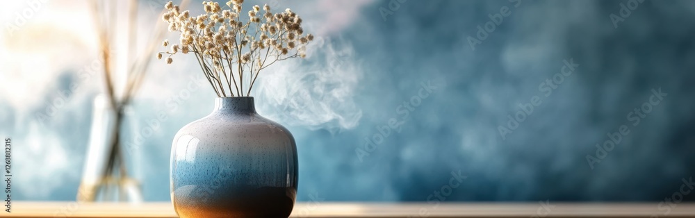 Poster soft blue and amber mist enveloping a vase with dried flowers in a tranquil setting