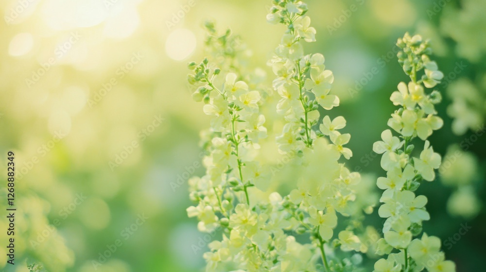 Poster Soft bokeh gradients in mint green and lemon create a serene atmosphere in a blooming garden at dusk
