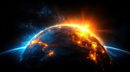 Large asteroid flying over earth with a view of a night global virtual internet connection world