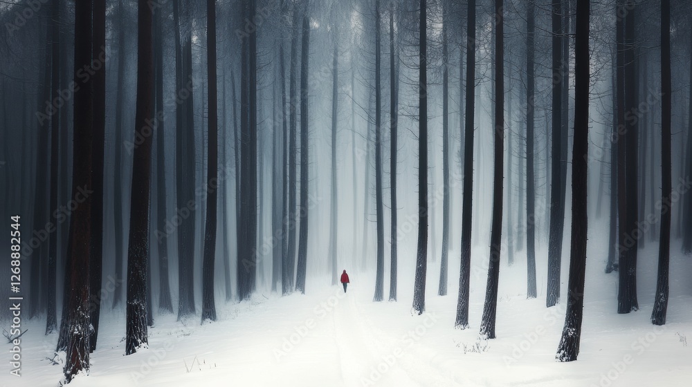 Aufkleber person dressed in red walks through a snowy forest surrounded by tall trees on a winter day