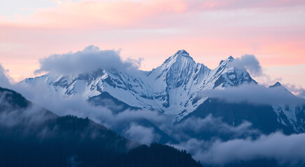 Obraz premium Snow Covered Mountain Peaks Under Soft Pink Sunset Clouds in a Dramatic Landscape
