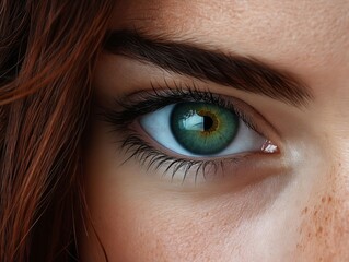 A close up of a woman's blue eye with long eyelashes