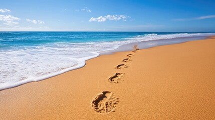 Fototapeta premium A quiet beach with footprints in the sand leading to the ocean