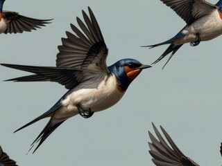 Swallows in mid-flight with detailed wingspans realistic bird illustrations with transparent background