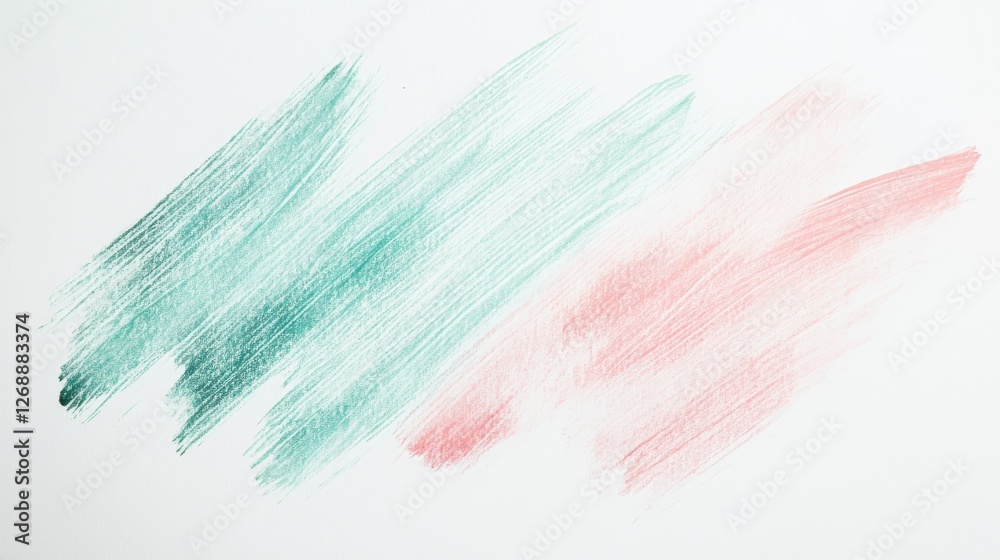 Poster minimalist abstract composition created through pencil strokes blending green and pink tones on whit