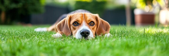 Beagle Dog Relaxing on Green Grass - Adorable Beagle dog lying peacefully on lush green grass, enjoying a sunny day outdoors