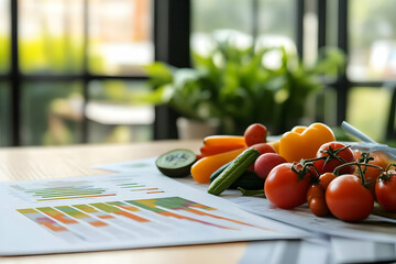 Healthy food and business charts on table.