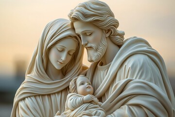 A serene statue depicting Mary, Joseph, and baby Jesus, symbolizing love, family, and faith, set against a soft, glowing background.