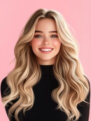 Naklejka premium Beautiful Woman with Long Blonde Hair - Portrait of a smiling woman with long, wavy blonde hair, wearing a black turtleneck sweater against a pink background
