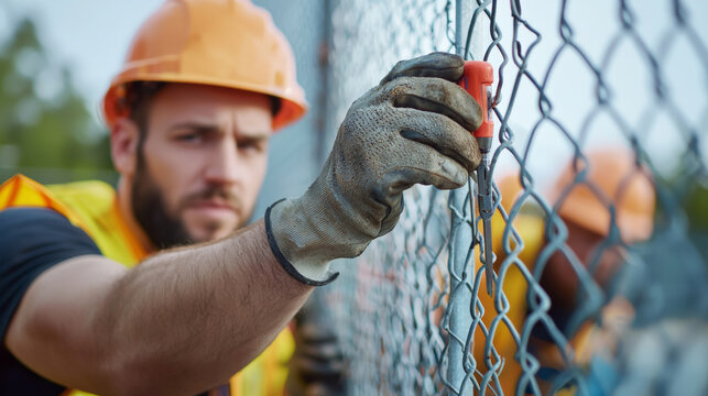 team of workers is focused on fixing chain link fence, showcasing teamwork and dedication