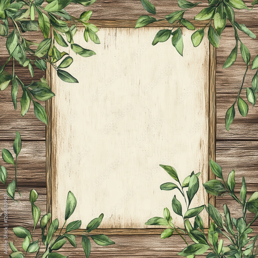 Aufkleber Rustic wood grain background with green leaves creating a natural frame for text or design elements