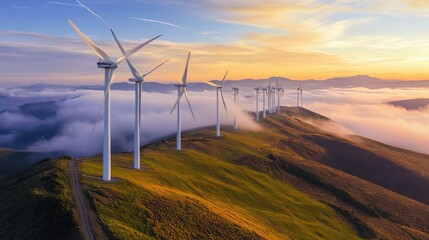 A scenic wind farm with white turbines set against a golden sunset sky