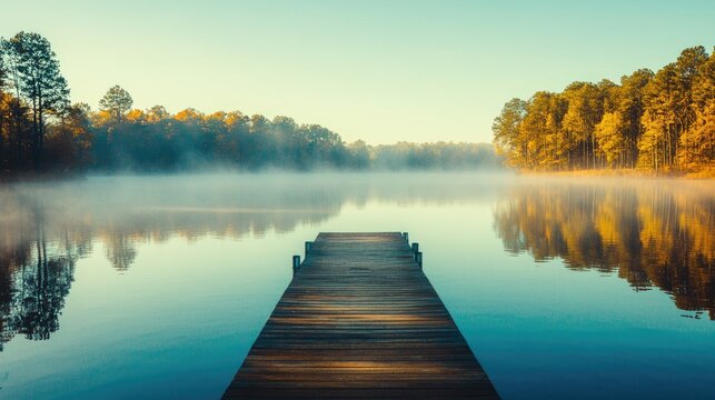 A serene lake with a wooden dock extending into the misty morning water