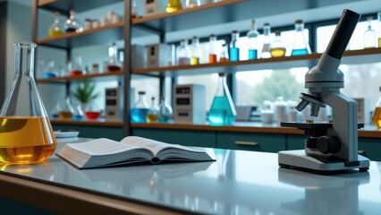 College brochures, Science lab with microscope and notebooks chemistry flasks in the background photorealistic