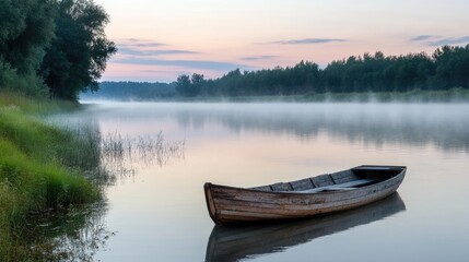 A small wooden boat floating on a calm, misty river at dawn