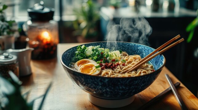 A steaming bowl of ramen with chopsticks and fresh toppings on a kitchen table
