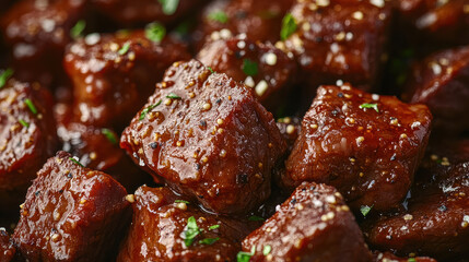 A sharp close-up of sizzling beef pieces glazed with rich sauce, sprinkled with sea salt and cracked pepper, minimalist pale beige background