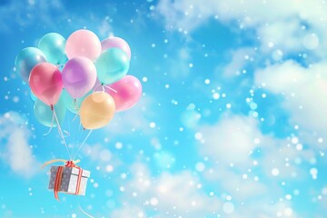 Children's Day card with a bunch of flying balloons and a gift box on a blue sky background