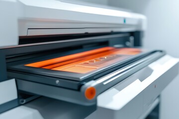 Close up of modern multifunction printer isolated on white background.